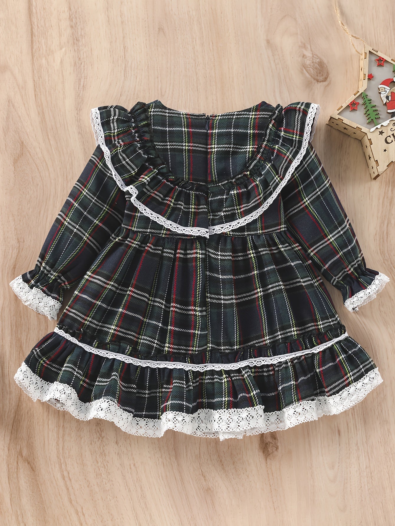 Red Green Plaid Halloween Christmas Girls Dress with High Neck And Lace Trim, Ruffled Cuffs Holiday Party Outfit