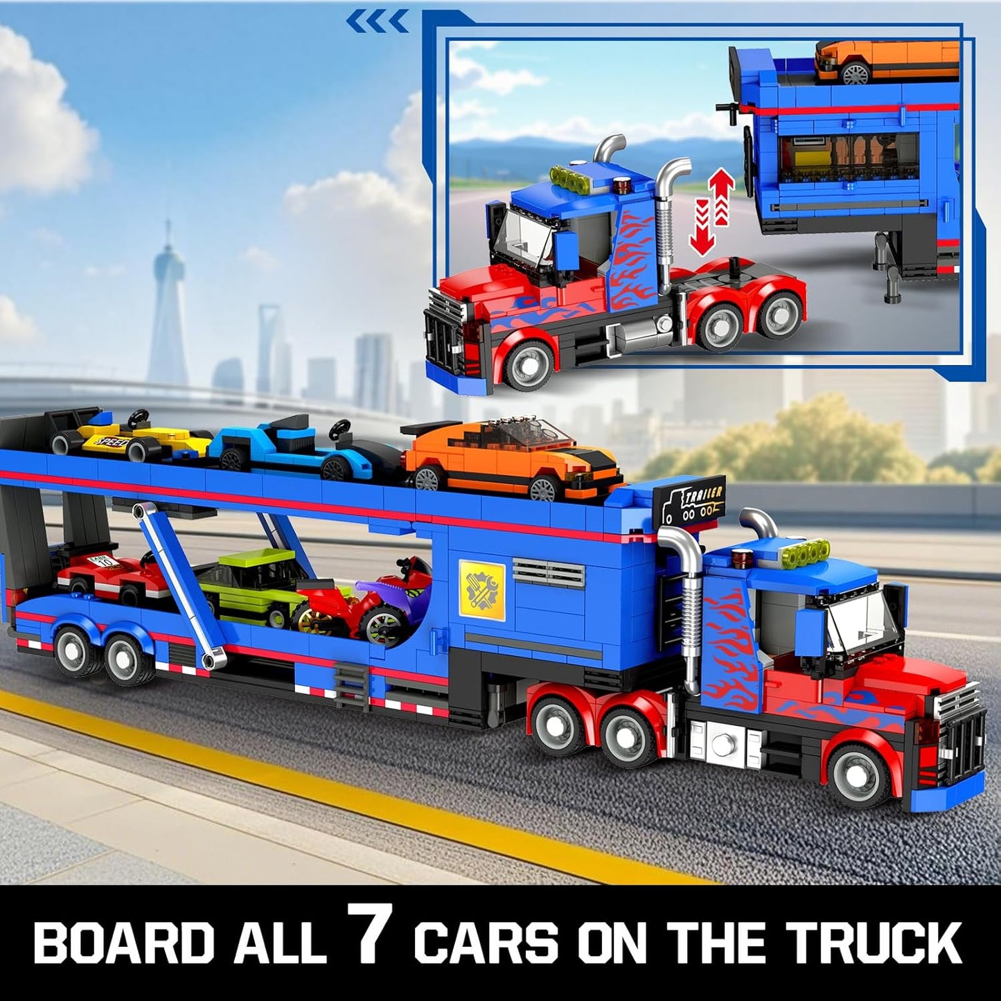 1050pcs Large Building Truck Set with 7 Sports Cars & Motorcycles - Adjustable Ramp, Removable Roof/Cab, Detachable Trailer - STEM for &, Realistic Tow Truck Play, Compatible with City Play