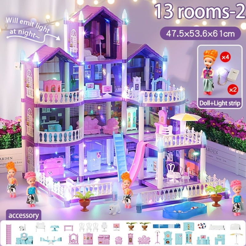Doll House For Girls, 11 Rooms Dollhouse With Dolls Figure, Puppies, Furnitures, Accessories, LED Light, Playhouse Gift For For 3 4 5 6 7 8 9 10 Year Old Girls Toys