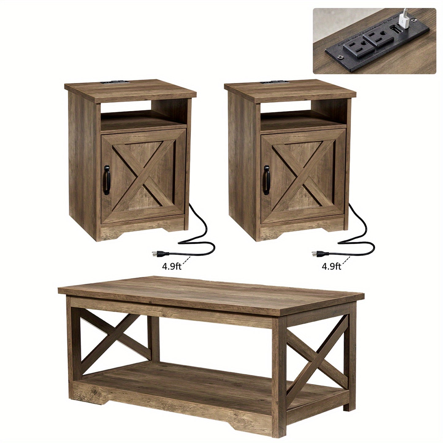 ALBOTT 3pcs Farmhouse Table Set Includes Coffee Table And Two End Tables Side Table with Charging Station And USB Ports for Living Space