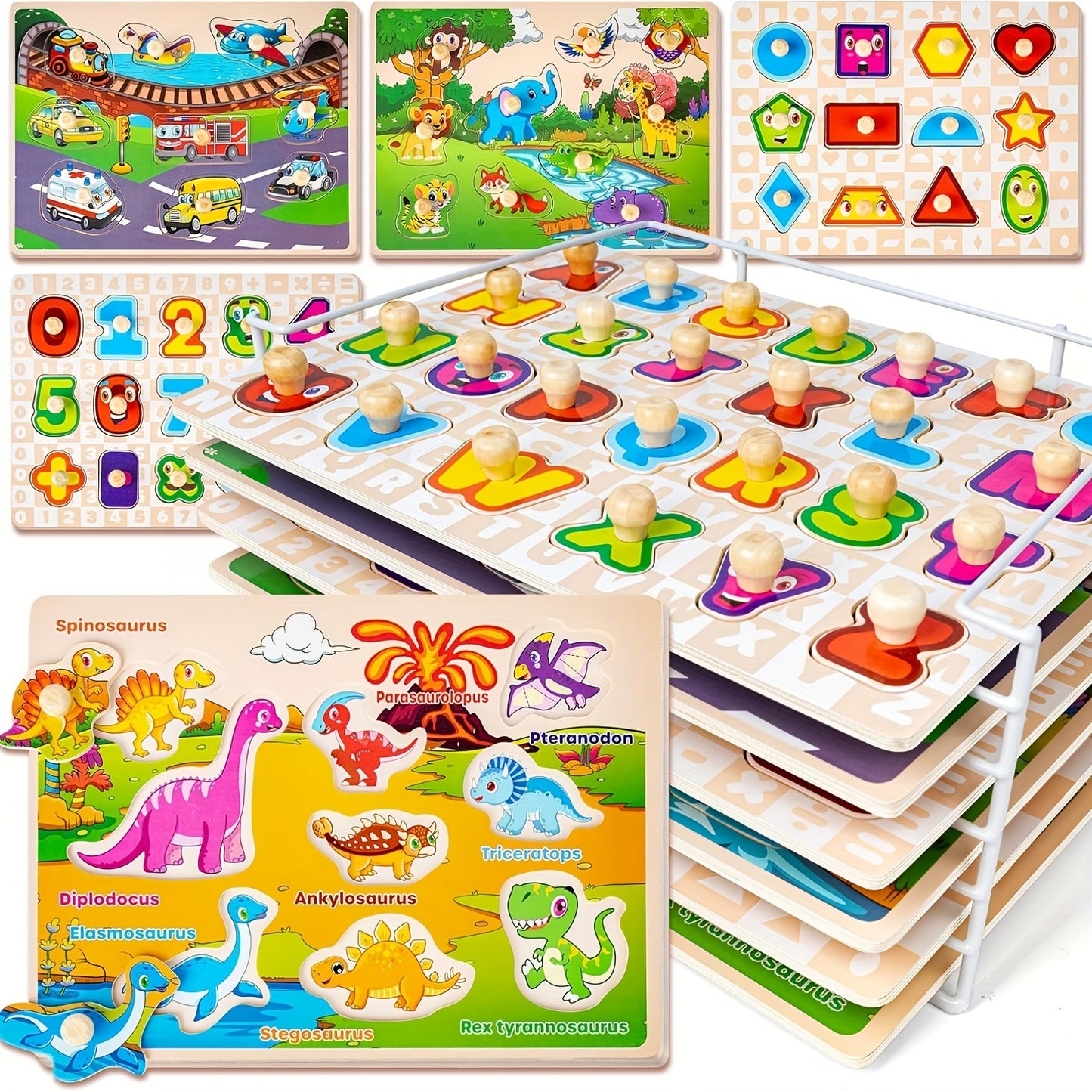 TOYS for Kids 6XSET Puzzles for Toddlers 2-4 with Rack, Learning Alphabet Number Shape Animal Dinosaur Vehicle, Education Toddler Puzzles Toys Gifts for 2 3 Years Boys Girls, Early Childhood Education, Engaging Designs, Color