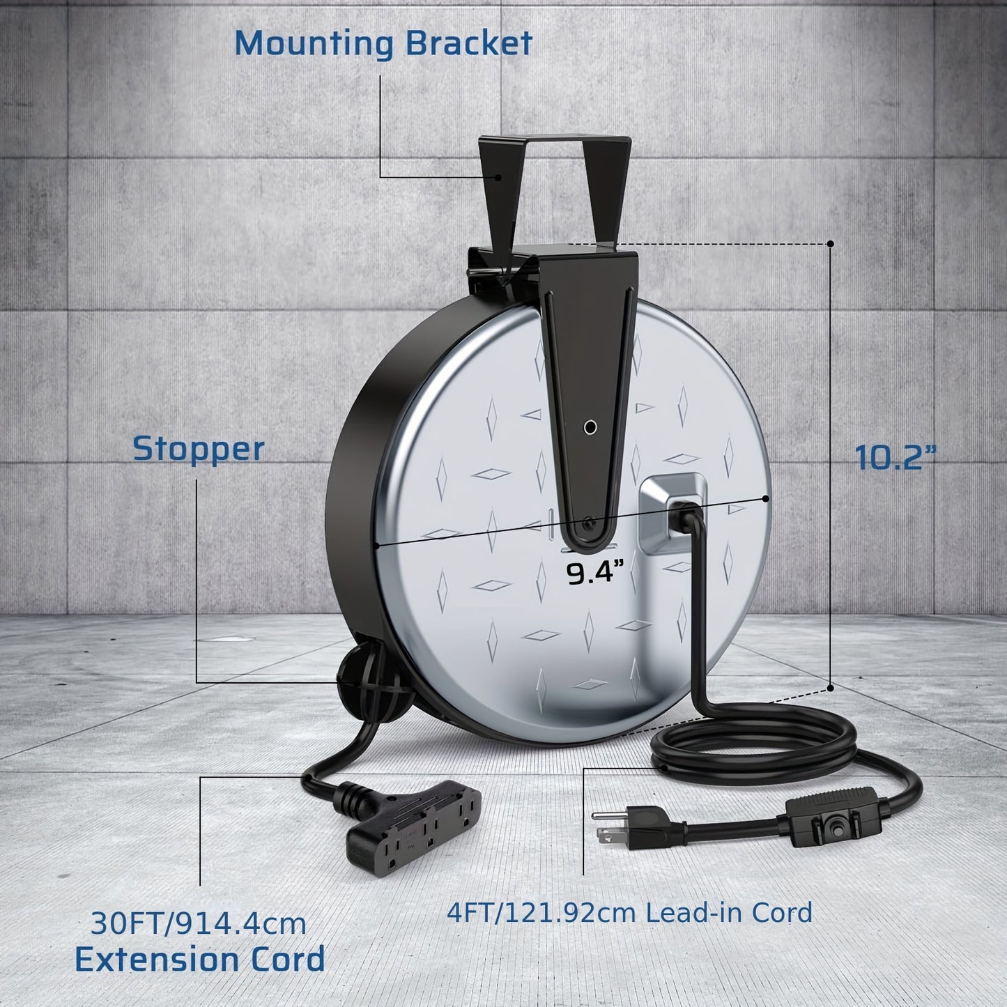 30ft Retractable Extension Cord, 16AWG/ 3C SJTW Power Cord, 3 Outlets, 10A/125V Hand Wind Retractable Extension Cord Reel, Power Cord Reel, Electric Fence Fence, Electric Fence Post, Extension Cord Retractable, Extension Cord