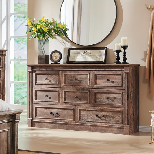 [8-Drawer Wood Chest] Farmhouse 8 Drawers Dresser, 61" Wide Wood Chest Large Storage Dressers W/Roman Column for Bedroom, Hallway | Wooden Decor, Hallway Furniture, Bedroom Storage, Rustic Decor, Classic Design, Durable Craft