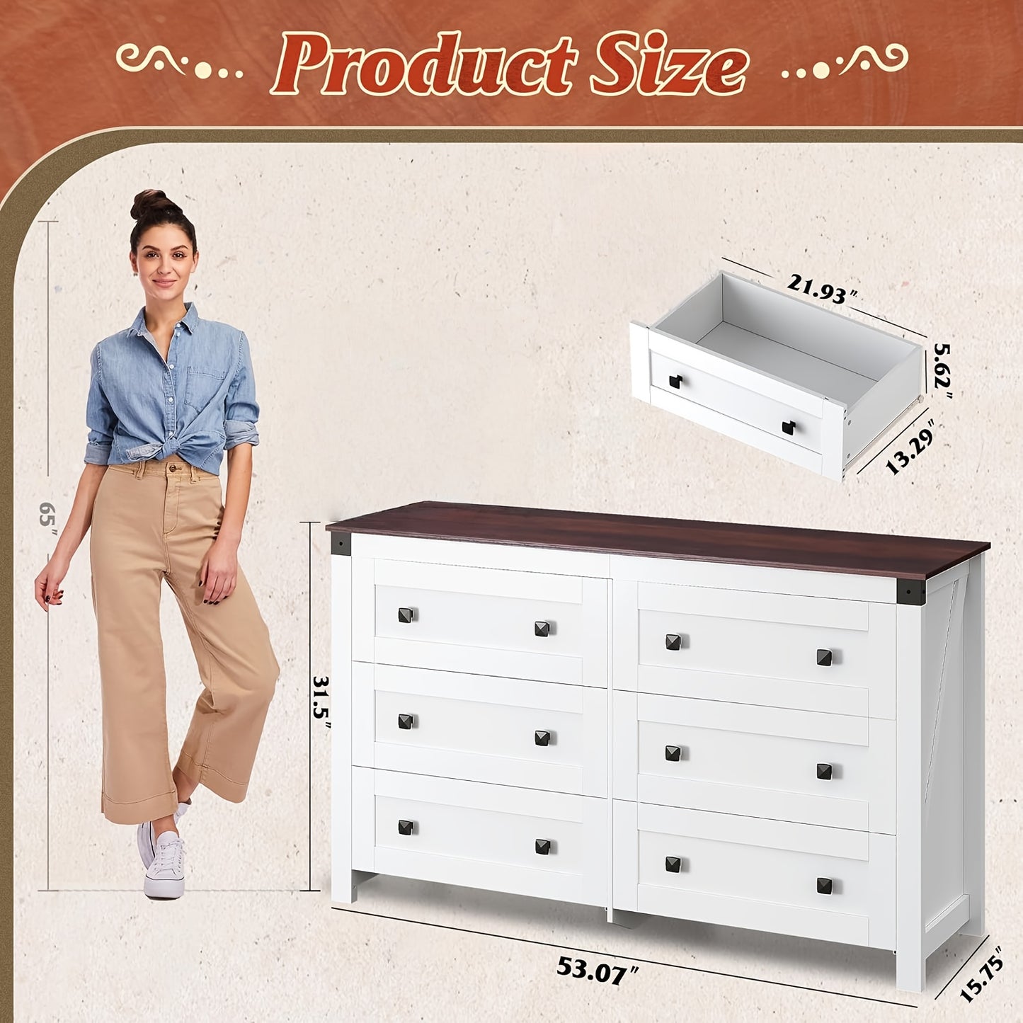 6-Drawer Solid Wood Dresser - Rustic Wide Chest of Drawers with Black Knobs, /Beige, Heavy-Duty, 27"+ Height -Standing for Bedroom, Living Room, Hallway Organizer (Assembly Required)