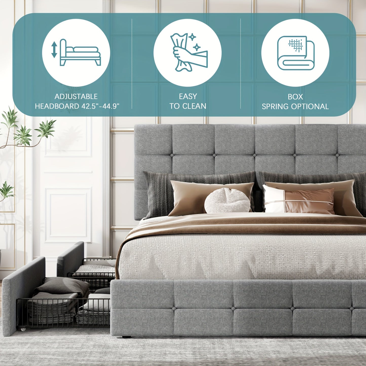 HOOMIC Full/Queen/King Size Platform Bed Frame with 4 Storage Drawers & Adjustable Headboard - Contemporary Square Stitched Button Tufted Design, Noise-Free Wooden Slats, No Box Spring Needed, Easy Assembly, Recycled Wood & M
