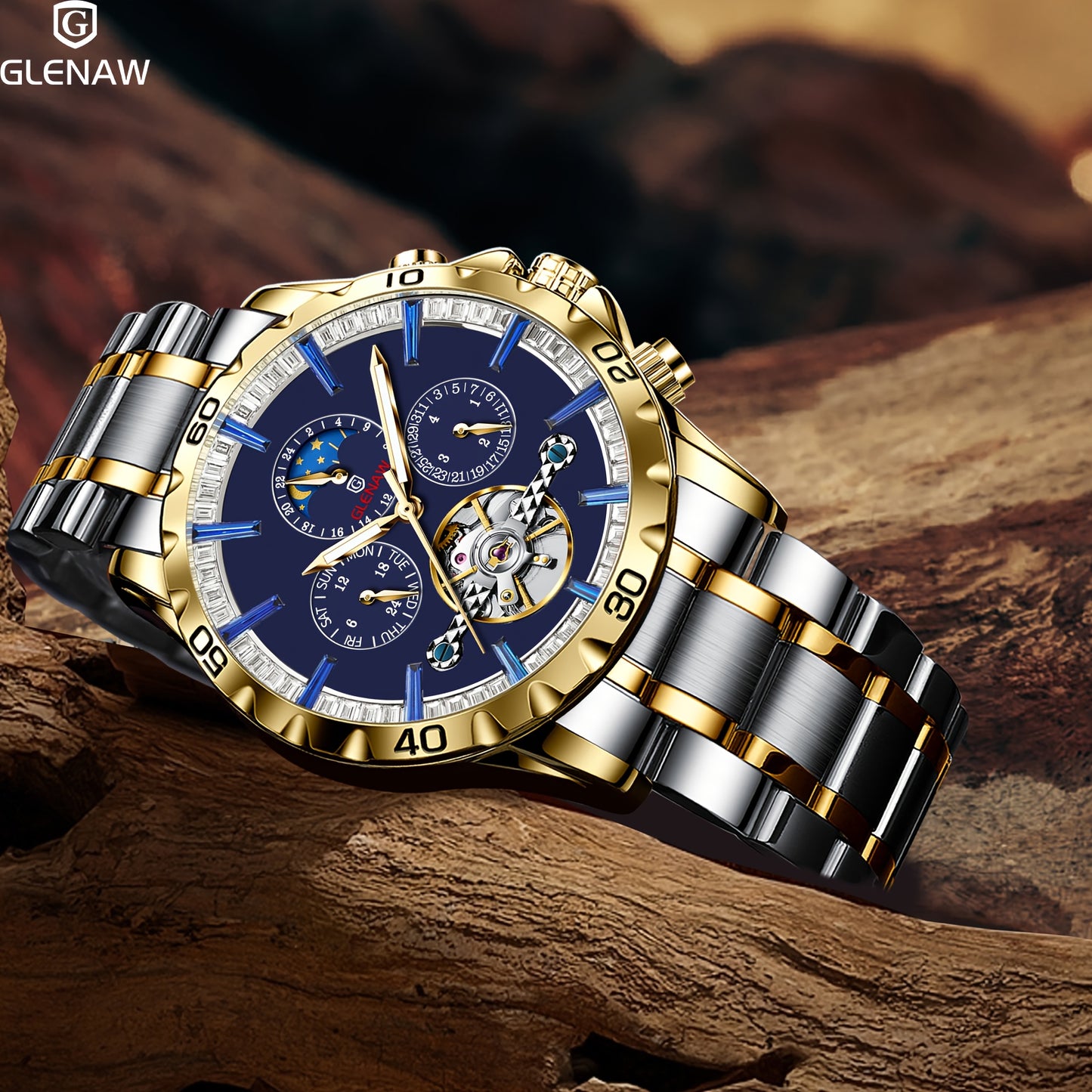 Automatic Men's Watch With Stainless Steel Strap, Multifunctional Men's Watch With Hollow Automatic Winding Mechanical Watch, Displaying Date, Day Of The Week, Month, And Stars.