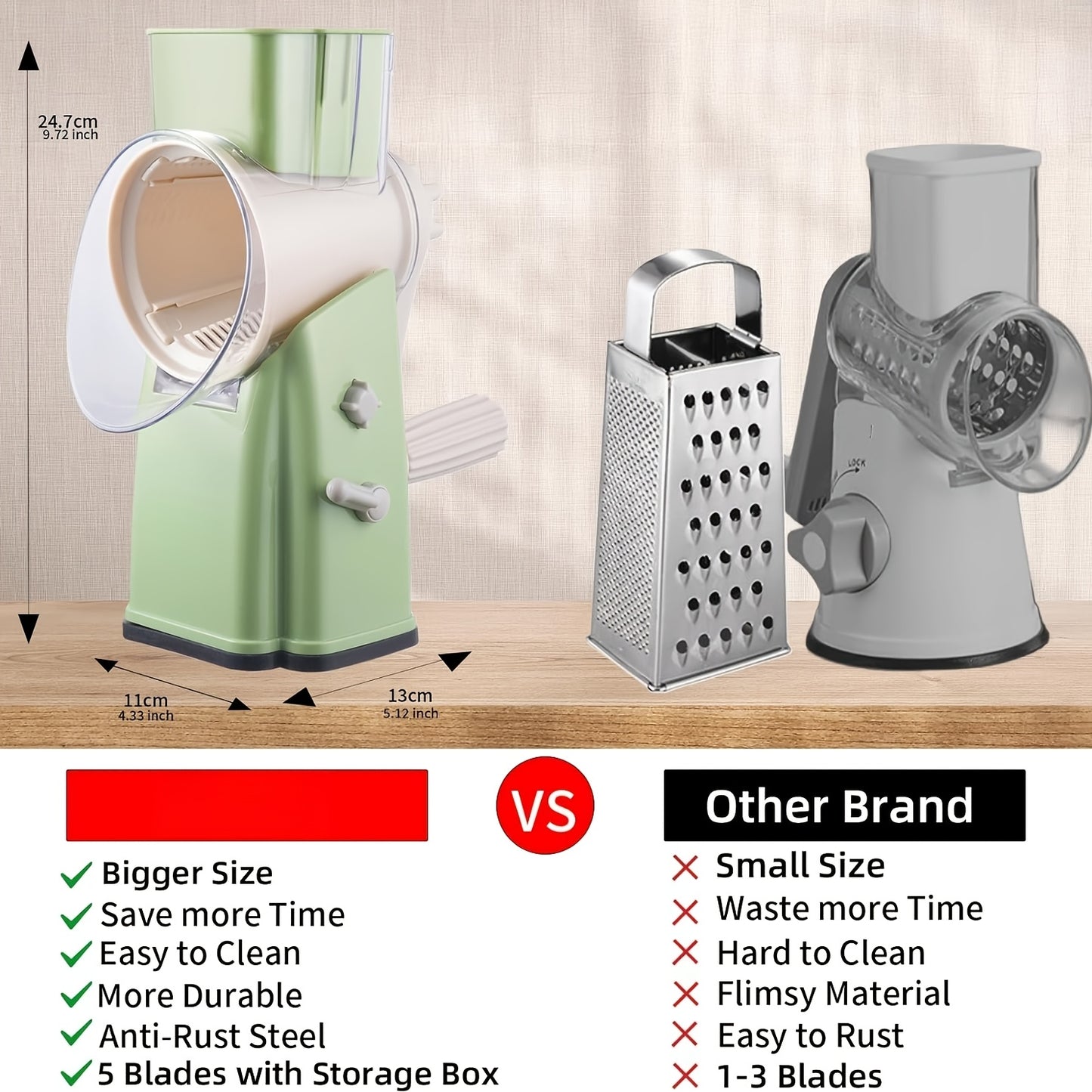 Heavy-Duty Rotary Cheese Grater Shredder with 5 Interchangeable Blades & Storage Box - Multi-Purpose Processor for Ice, Vegetables, Fruit, Nuts - Heavy-Duty Plastic Grater Slicer with Base, Suitable for & Commercial Use