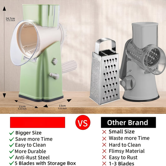 Heavy-Duty Rotary Cheese Grater Shredder with 5 Interchangeable Blades & Storage Box - Multi-Purpose Processor for Ice, Vegetables, Fruit, Nuts - Heavy-Duty Plastic Grater Slicer with Base, Suitable for & Commercial Use