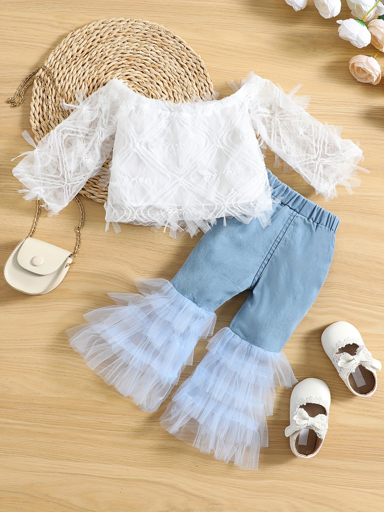 White Lace Off-The-Shoulder Top with Faux Denim Bell Bottom Faux Denim, Tulle Trim Halloween Christmas Outfit, for Outdoor