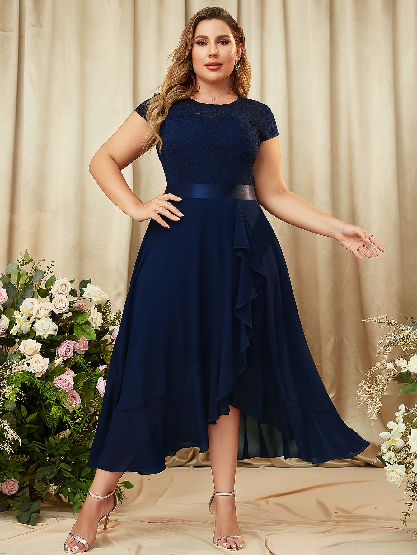 Plus Size, Women's Elegant Plus Size Bridesmaid Dress - Floor-Length Formal wedding gown with Ruffled Hem, A-Line Maxi dress in Deep Purple/, Machine Washable Chiffon for Prom, Evening Parties, Bridal Party - Structured Fit &