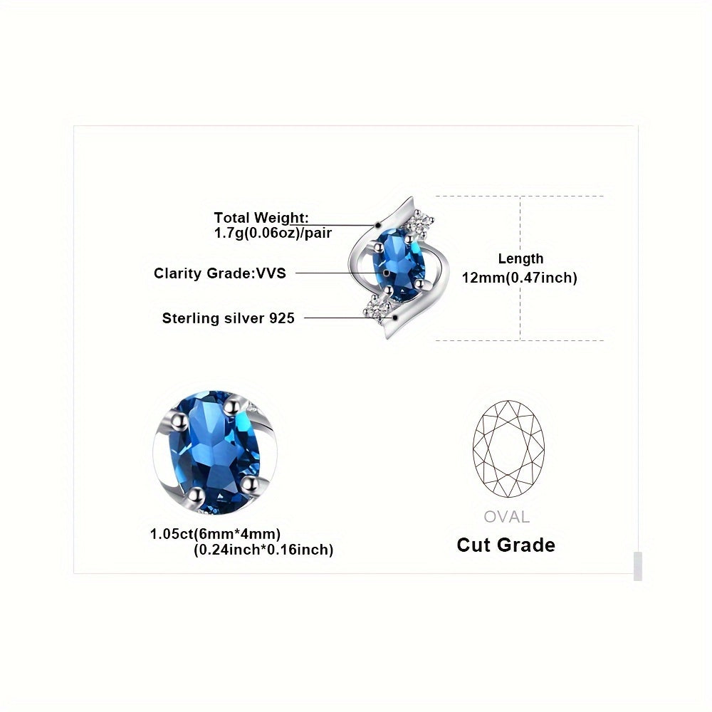1pair 925 Sterling Silver Simple And Elegant Exquisite Multi-faceted Oval Cut Natural London Blue Topaz Silvery Stud Earrings For Woman For Girl Perfect For Daily Decoration For Dating Gift Fine Jewelry