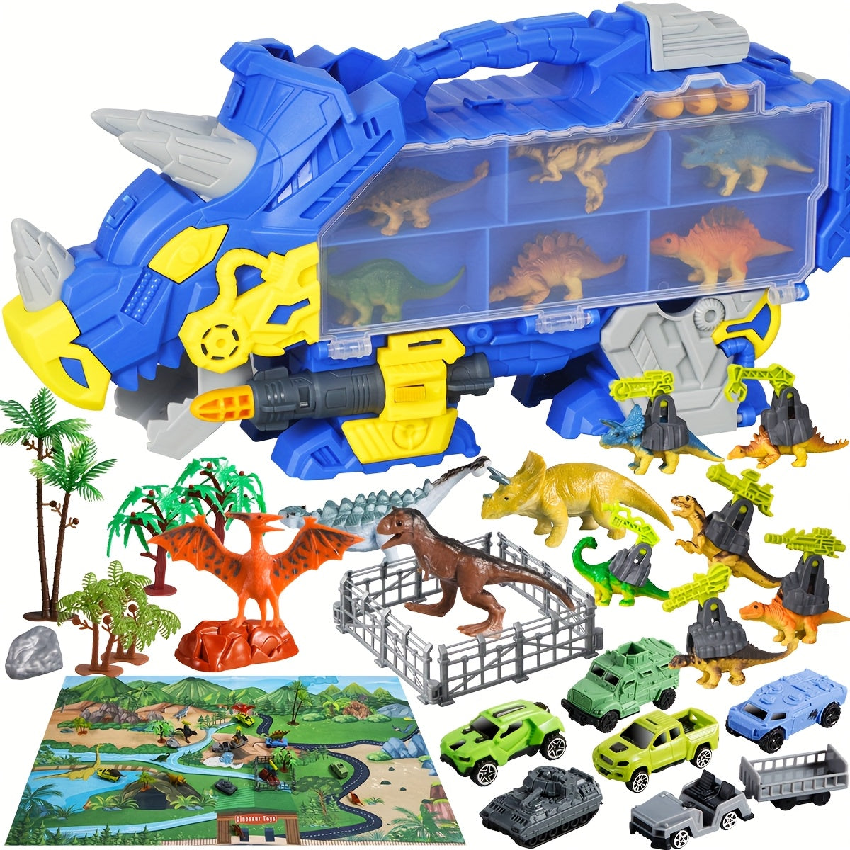 40pcs Dinosaur Transport Engineering Truck Toy Set, With Map & Trees & Vehicle & Simulated Dinosaur, Educational Toy For Youngsters, Creat A Dinosaur World, Ideal Birthday Gifts For Boys And Girls