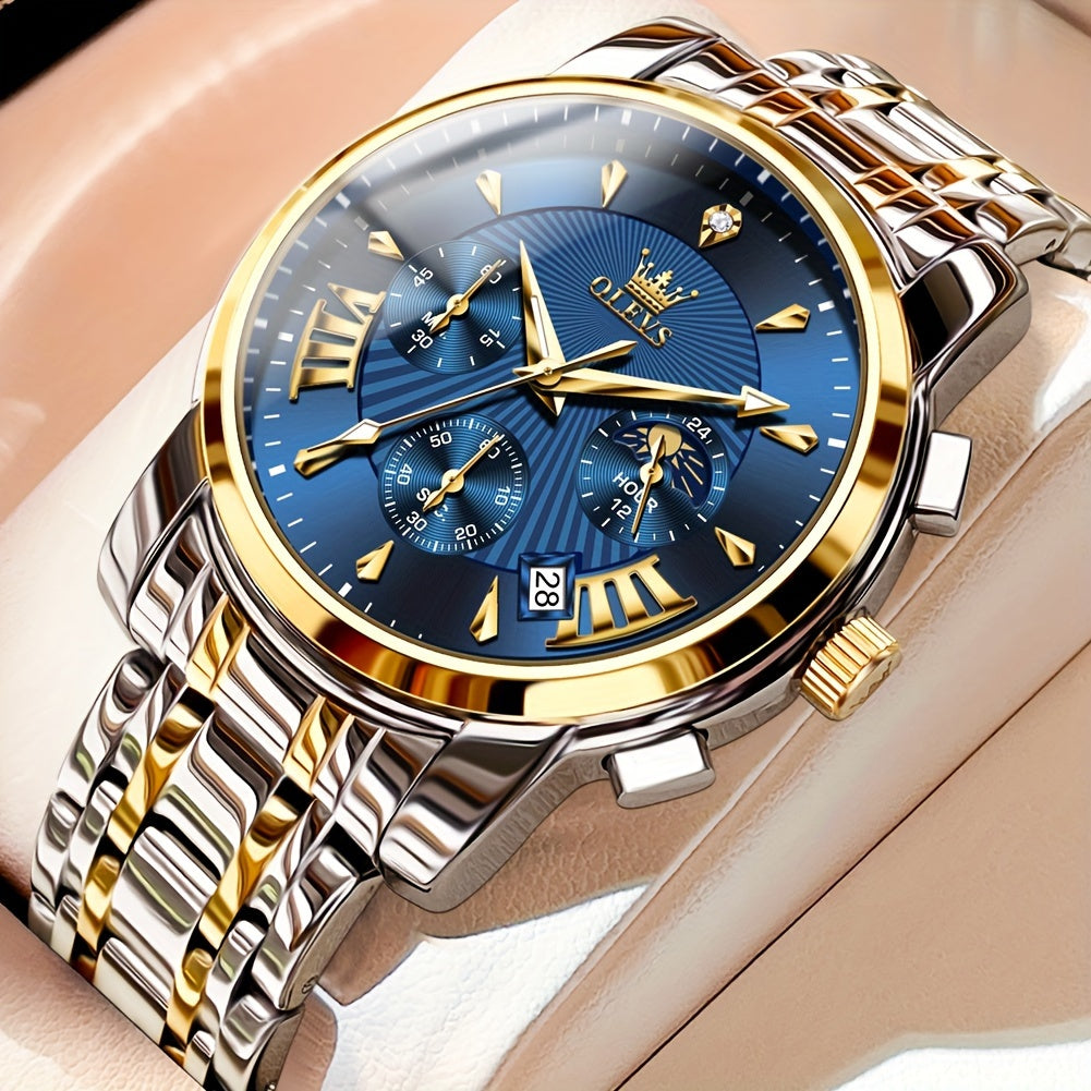 OLEVS Watch for Men Chronograph Stainless Steel Case Analog Quartz Fashion Business Dress Large Face Men Watch Day Date Luminous Casual Male Wrist Watch, Office Accessory, Casual Attire, Classic Design, Elegant Timepiece, Hig