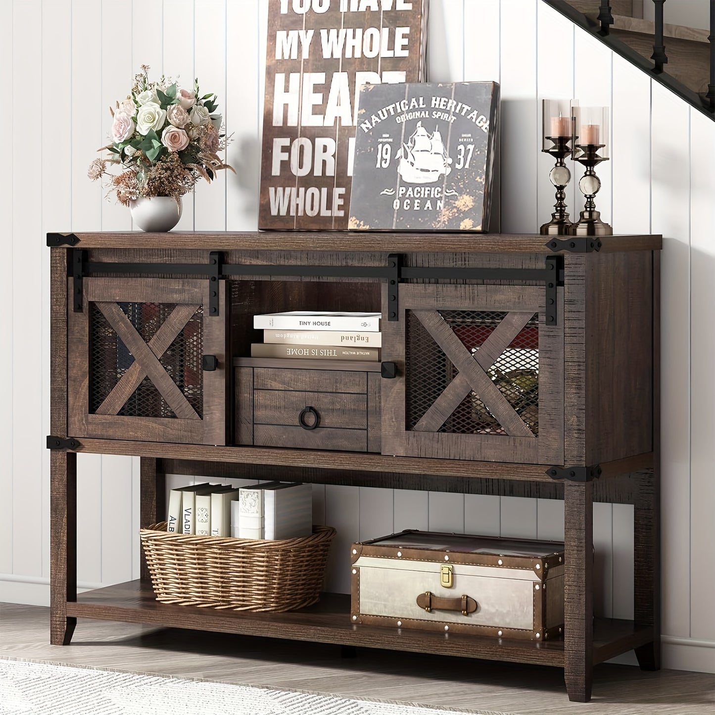 Farmhouse Entryway Table with 2 Sliding Barn Doors & Drawer, 46'' Rustic Console Table with Storage, Open Shelf Space, Industrial Sofa Table for Living Room, Entryway, Hallway,