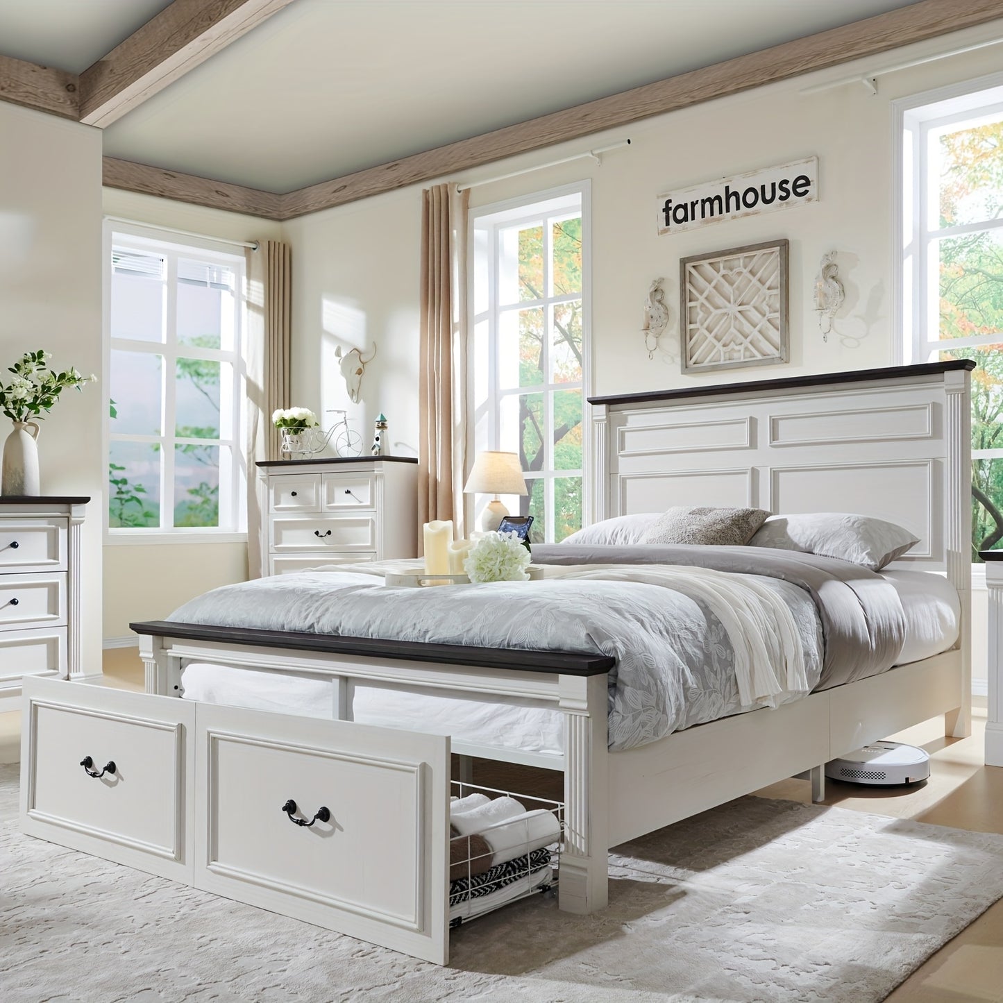 Farmhouse King/ Queen/ Full Size Bed Frame with Tall Headboard, Wood Platform Bed Frame with 20" Tall Roman Column Decoration Footboard & 3 Large Storage Drawers, No Box Spring Needed