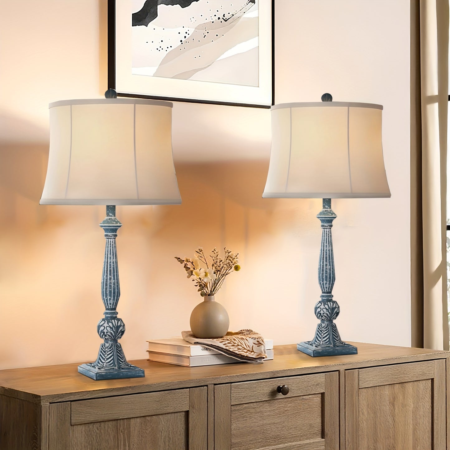 2pcs Farmhouse Table/ Matching Rustic Bedside Lamps - 3-Way Dimmable End Table with Adjustable Knob Dimmer & Bell Shade, Resin Nightstand Lamps Suitable for Living Room, Bedroom, Office