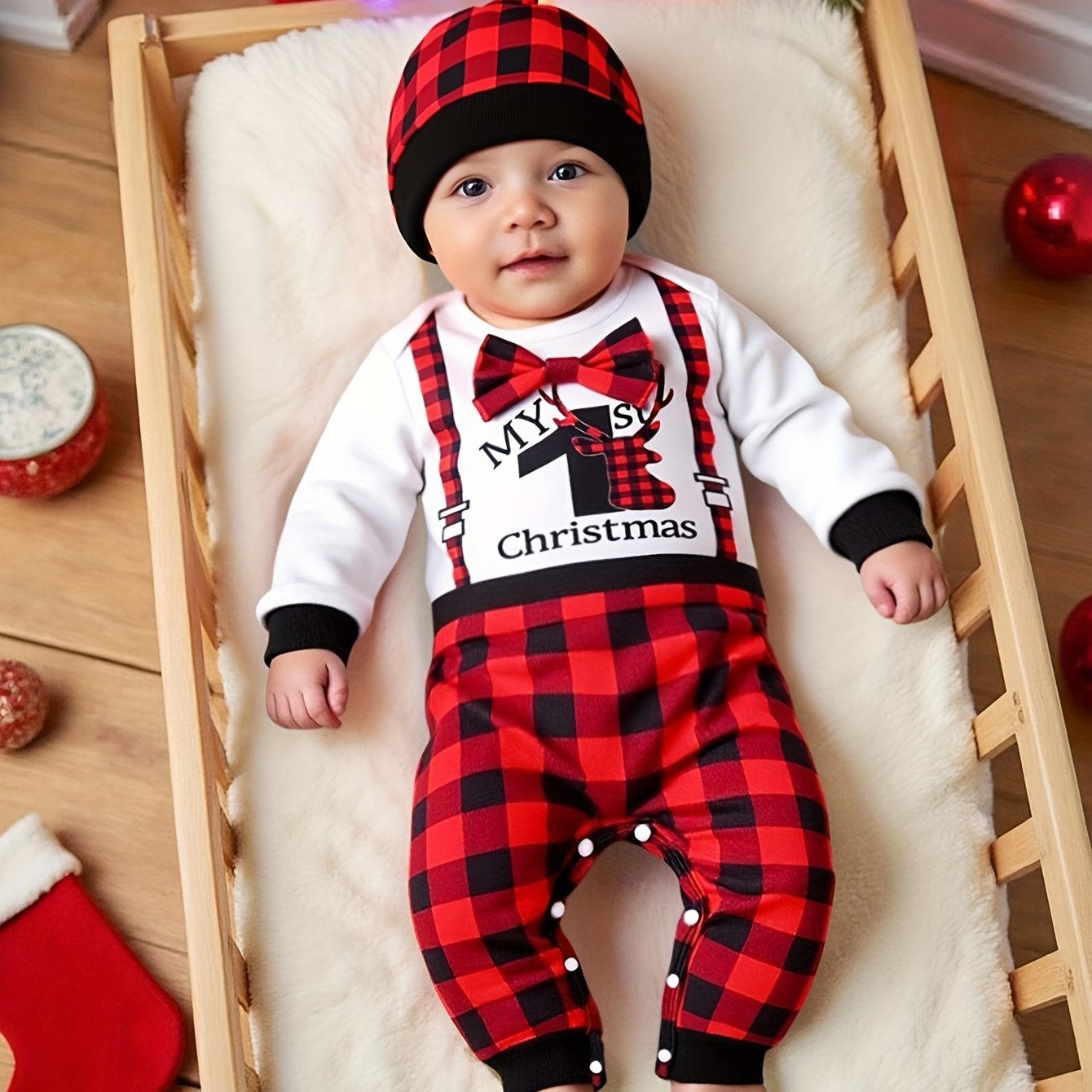 2pcs Baby Boy Christmas Outfit Set - Plaid Jumpsuit & Hat with Merry Christmas Lettering, Red Black White Checkered Romper, Suspenders & Bow Tie, Machine Washable Winter Clothes for (Easy Dressing), Perfect for Outdoor