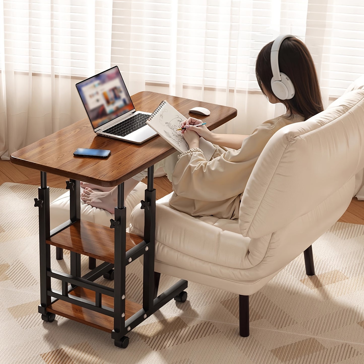 Height Adjustable Rolling Table with Storage Shelves - Heavy-Duty Wood/Metal Construction, Modern Mobile Desk with Casters, Space-Saving Design for Home Office, Bedside, Laptop Workstation & Small Spaces - Easy Assembly, Engi