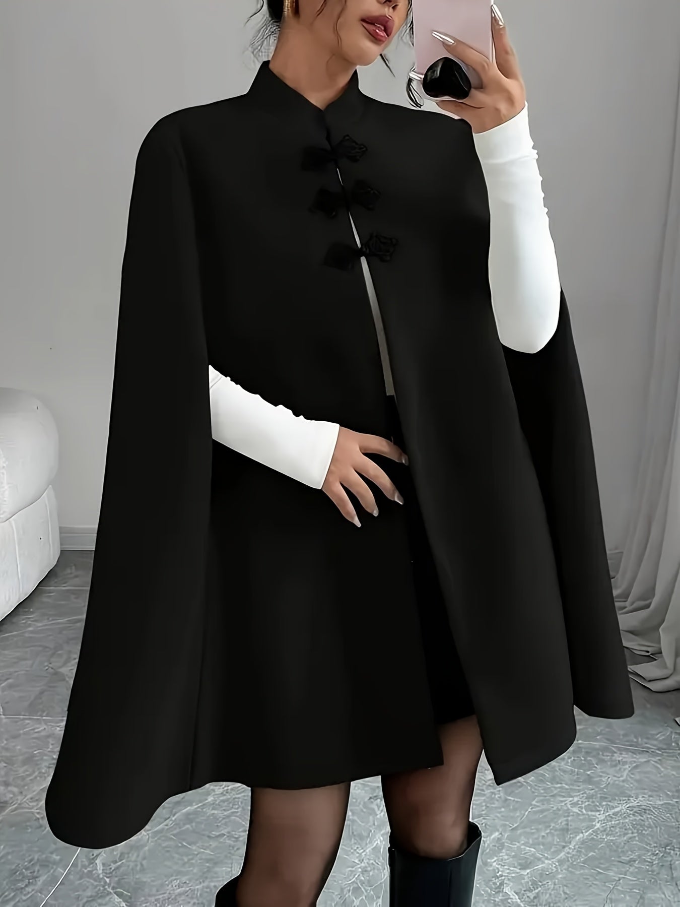 Plus Size, Plus Size Women's Elegant Chinese Cape Coat - Winter Thick Jacket with Stand Collar & Mandarin, Front Closure, Belted Waist, Machine Washable Outerwear for Weddings, Parties, Professional (Warm Coat)