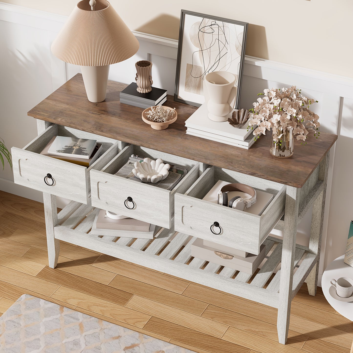 Console Sofa Table With Large Storage Space, 3 Drawer Entryway Table, Open Shelf, Behind Couch Entry Foyer Hallway Storage, Narrow Long Behind Couch Sofa Table For Living Room, Foyer, Hallway