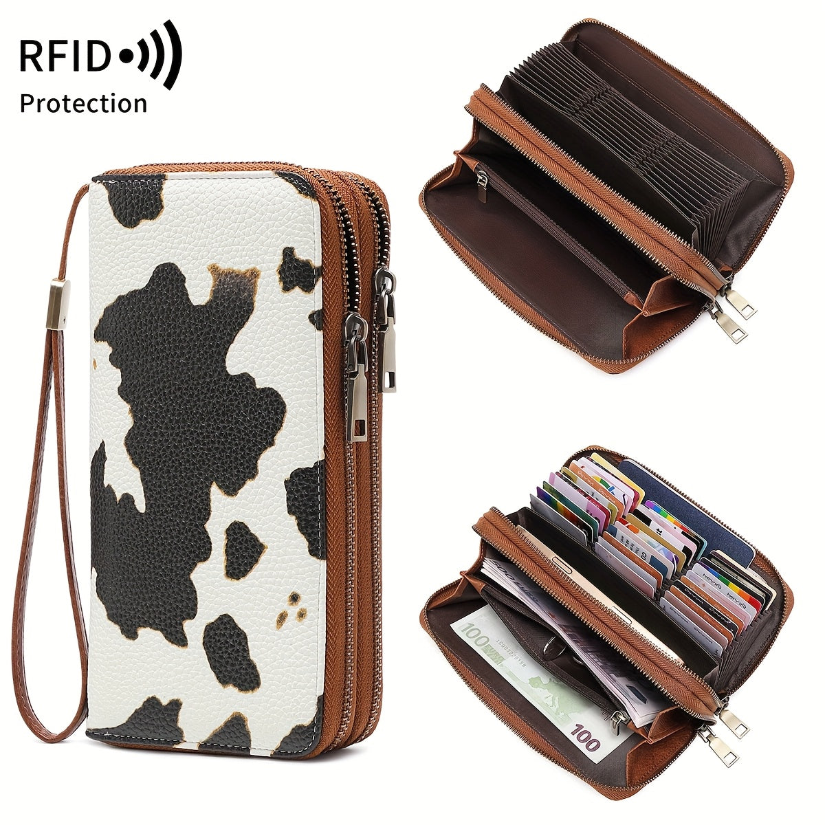 Retro Leopard Print Women'S Double Zipper Multi-Slot Large-Capacity Wallet, Fashion Handbag, Lining, RFID Blocking, Multi-Function Credit Card Clip, Women'S Clutch Bag with Wristband, Birthday Gift, Valentine'S Day Gift