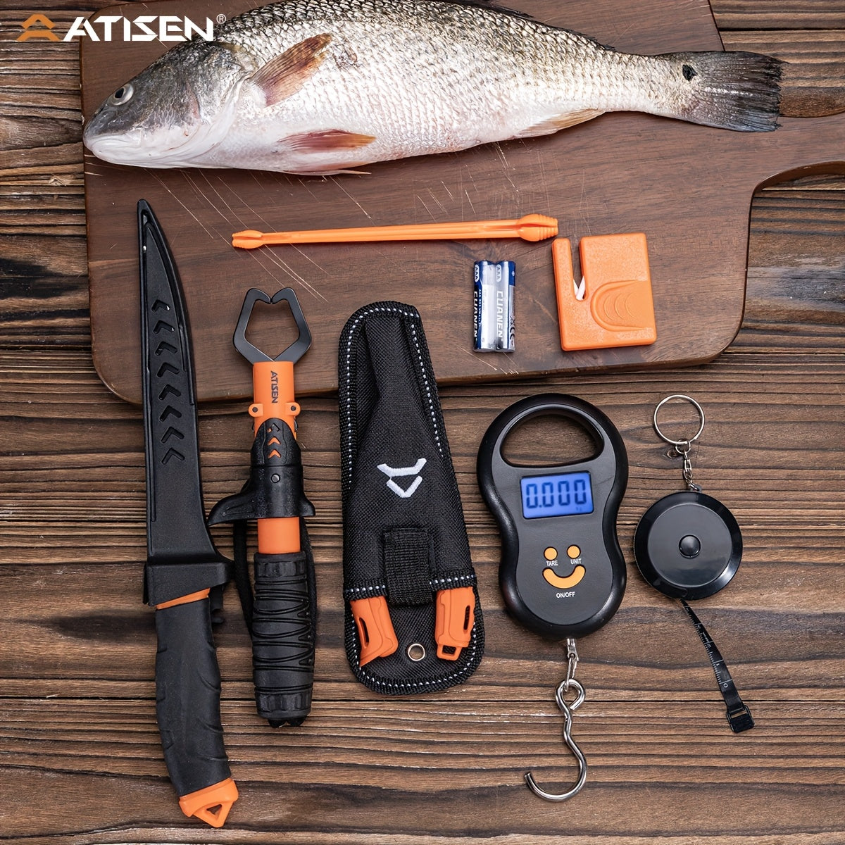 The ATISEN Professional Multifunctional Fishing Tool Set Includes Serrated Knives, an Electronic Scale, a Fish Control Device, a Hook Remover, a Sharpening Tool, And Other Additions. It'S a Must-Have for Fishing Enthusiasts,