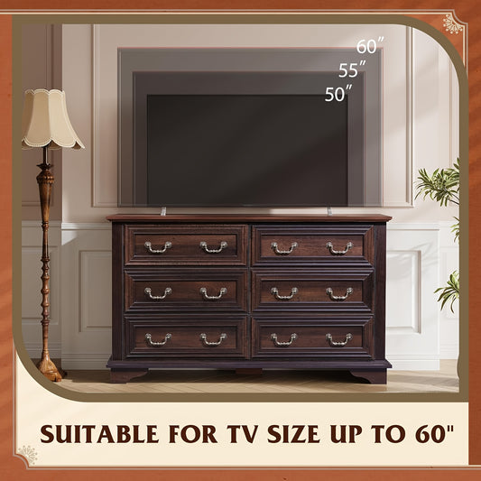 Vintage Dark Brown 6 Drawer Chest | TV Stand & Storage Dresser with Retro Metal Handles for Living Room, Solid Wood Like Multi Functional Organizer Furniture, Floor Mount, Mixed Color