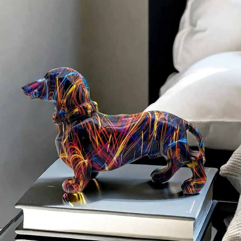 A Decorative Sculpture of a Dachshund Dog, Designed As Graffiti Art, Perfect for Enhancing The Aesthetic of Your Living Room, Bedroom, Bookshelf, TV Cabinet, Or Desk. It Serves As a Charming Centerpiece Or Ornament