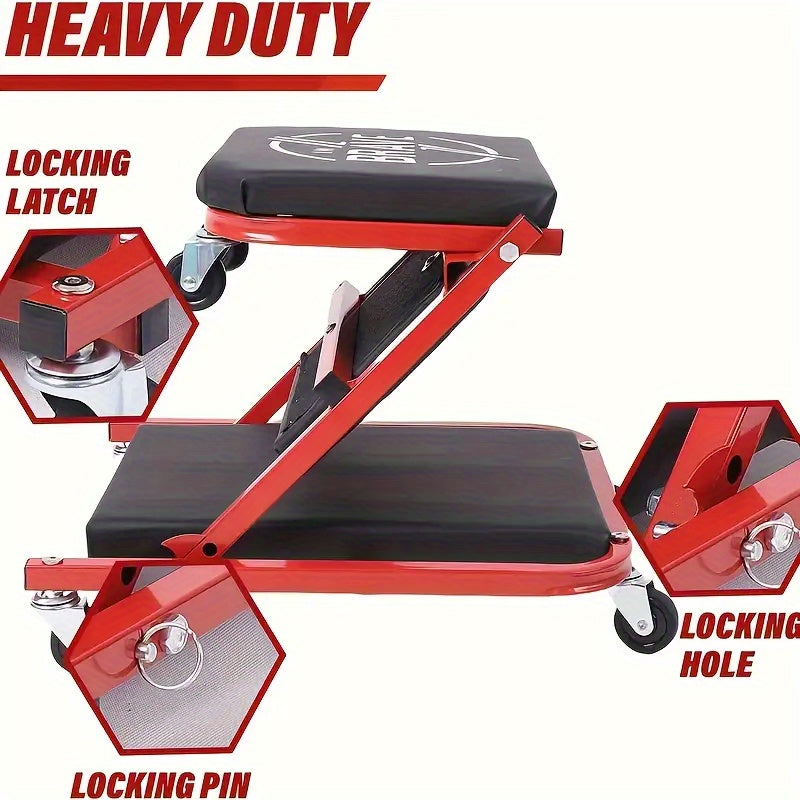 36-Inch Heavy-Duty 3-In-1 Folding Crawler - Professional-Grade Adjustable Z-Seat, 6-Wheel Rollers with Brakes, Can Tilt/Lie Down, 150-450 Lbs Super Load-Bearing, Multi-Function Car Repair Lying Board, Red And Black Color Matc