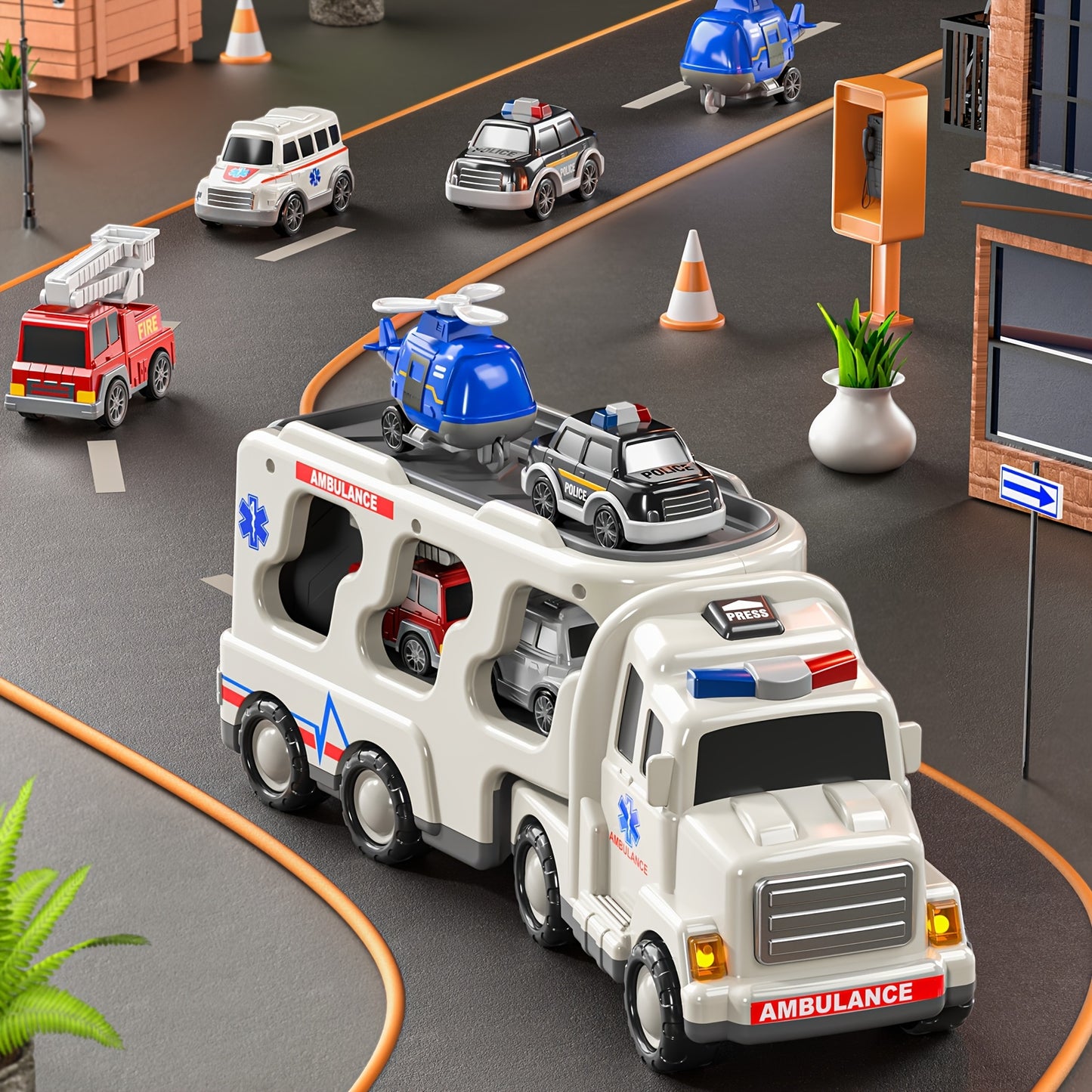 Babyhome Ambulance Truck 5 in 1 with Lighting & Sound, Friction Power Vehicle, Rescue Helicopter, Police Car, Fire Truck, Ambulance, Christmas, Birthday Gift, Interactive Toy Combination Toy Car