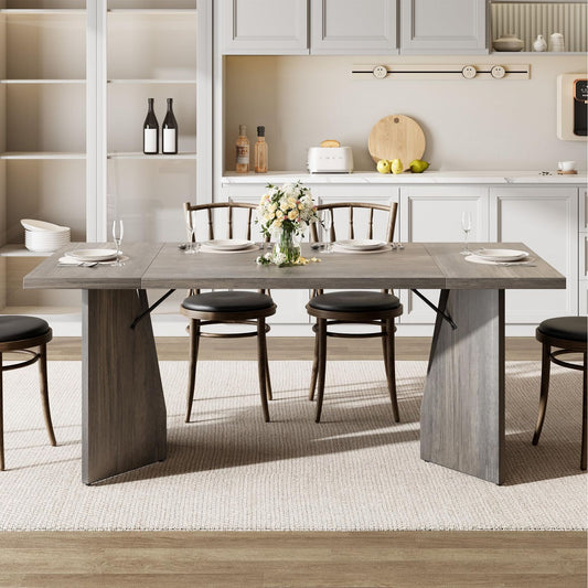 71 Inch Farmhouse Style Rectangular Dining Table for 6-8 People | Large Wooden Kitchen Table with Thickened Long Desk and Sturdy Flat Legs, Perfect for Big Families and Parties, Gray, Hardwood, Multifunctional, GAOMON