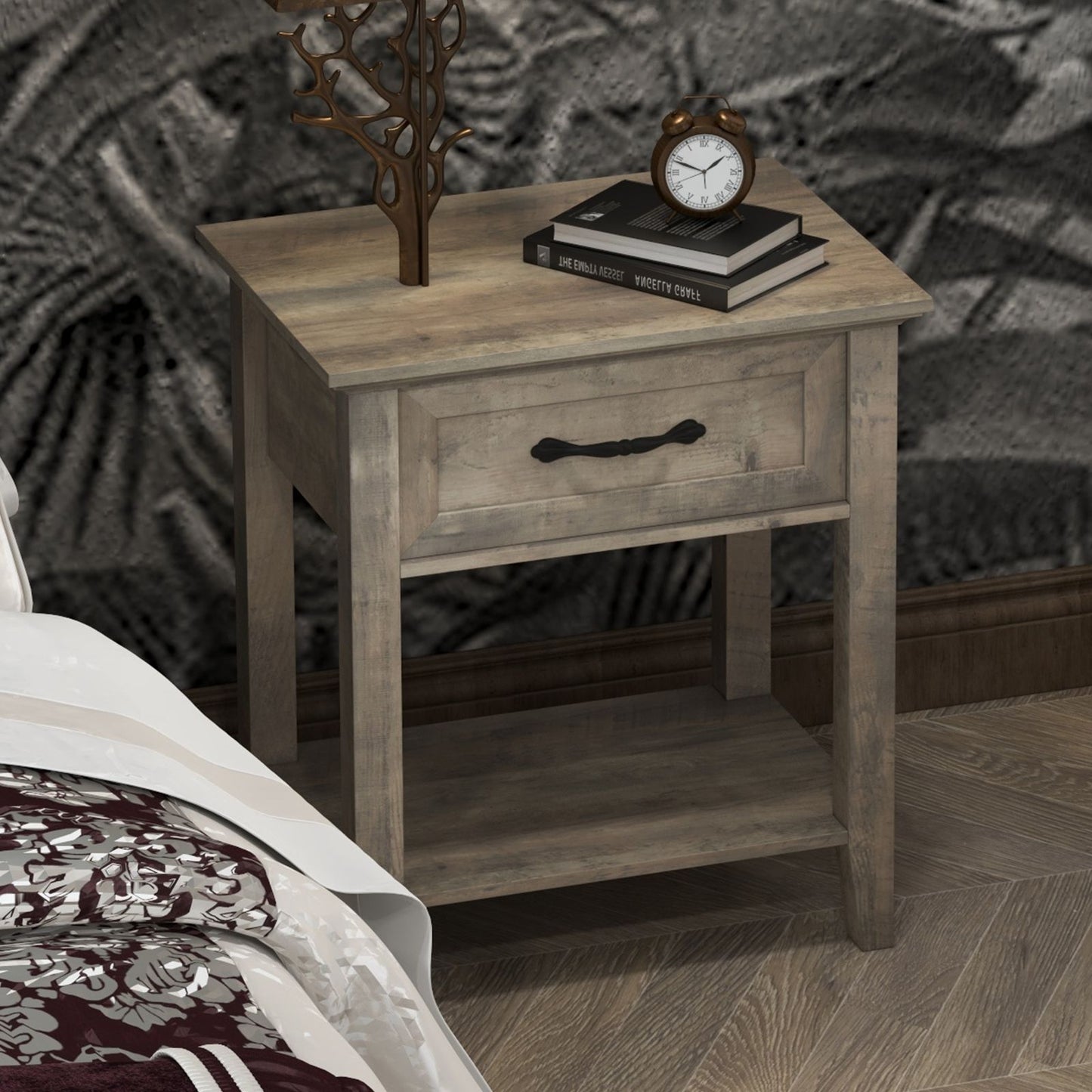 Modern Industrial Side Table with Storage Drawer & Open Shelf - Bedside Table Suitable for Bedroom, Living Room, Dorm - Easy Assembly Compact Furniture with Low Profile, Space-Saving Cabinet/Shelf Unit