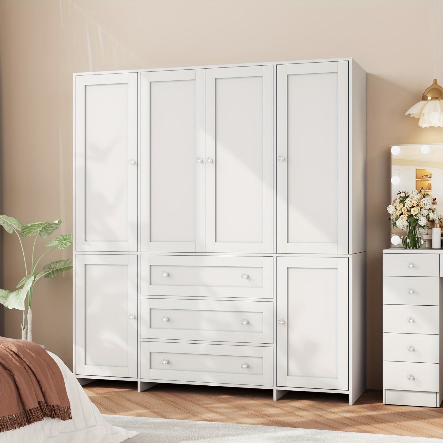 47"/63" Large Modern Armoire Wardrobe Closet with Mirror Door, Hanging Rod, Drawers & Shelves - -Standing Dresser Suitable for Bedroom, Assembly, Wood & MDF