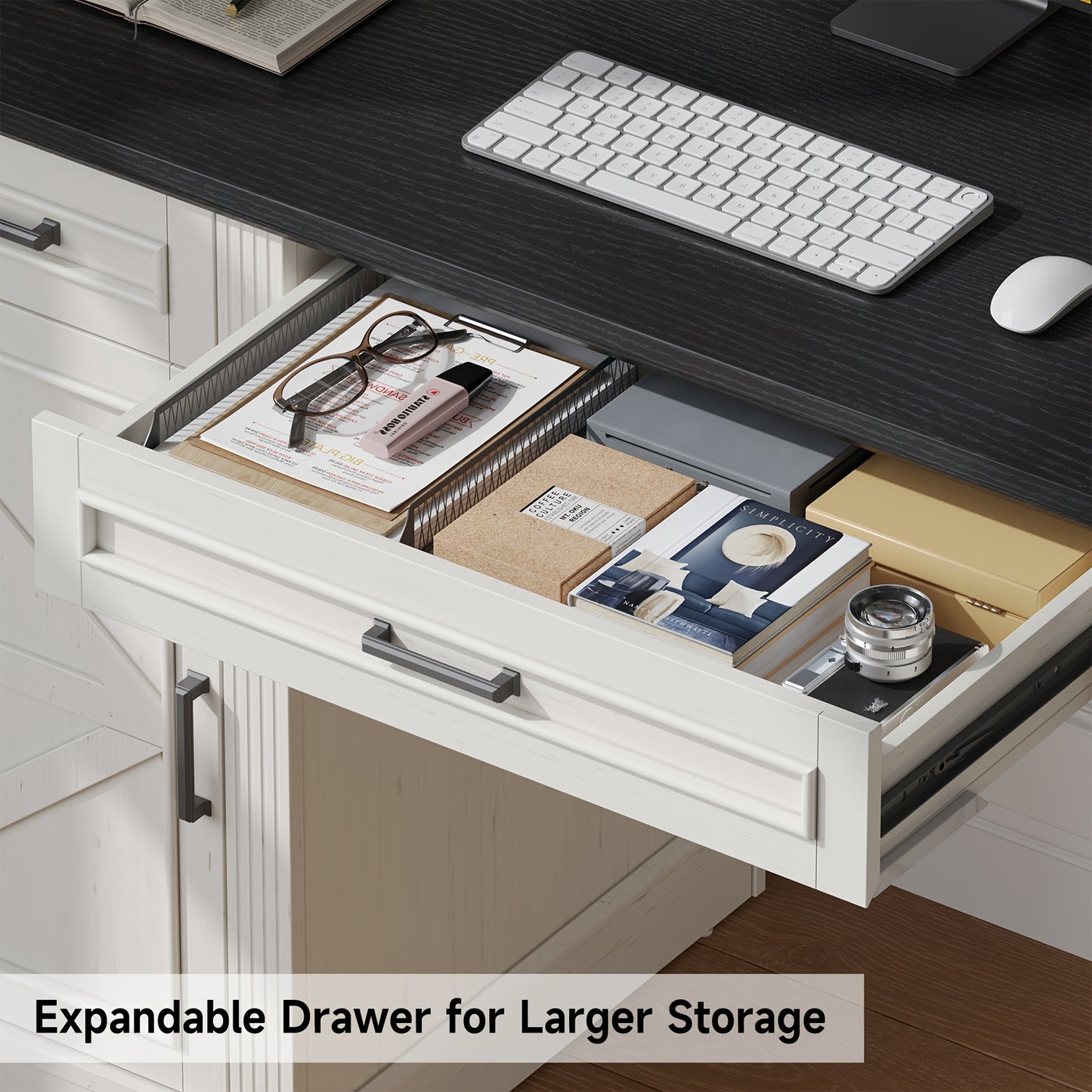 73-inch H Farmhouse Style Executive Desk with Bookshelves And Charging Station | Desk with 5 Drawers, Locker, And Cable Management System, Home Computer Workstation, Off White& Black