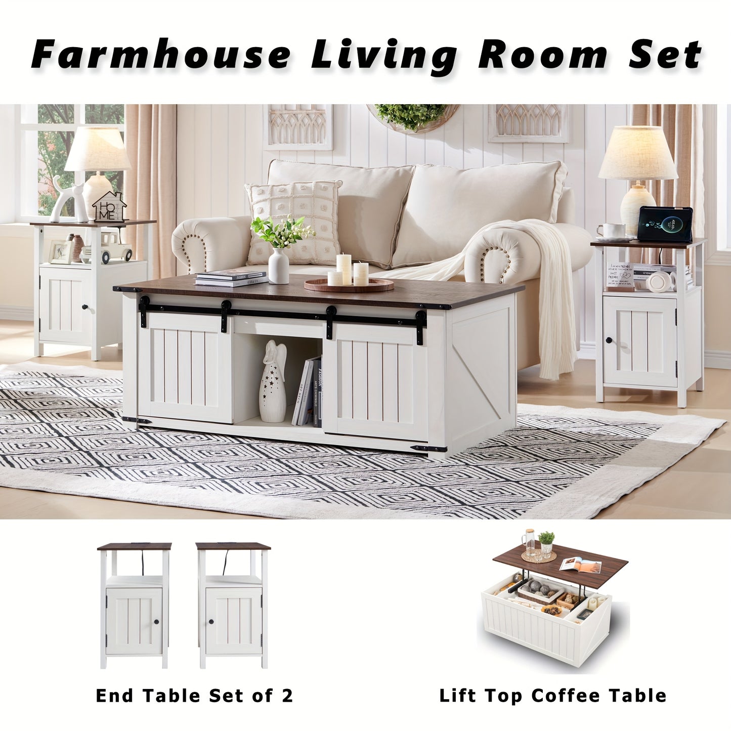 Farmhouse Nightstand Set Of 2 with Charging Station, End Table with Drawers And Storage Shelves for Living Room Bedroom