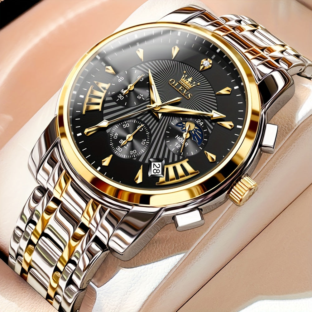 OLEVS Watch for Men Chronograph Stainless Steel Case Analog Quartz Fashion Business Dress Large Face Men Watch Day Date Luminous Casual Male Wrist Watch, Office Accessory, Casual Attire, Classic Design, Elegant Timepiece, Hig