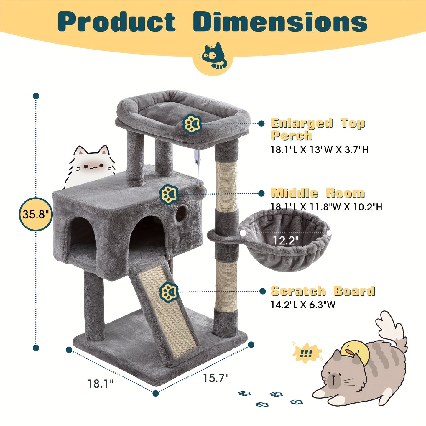 WEEWAY Multi-Level Cat Tree Tower for Indoor Cats - Modern Space-Saving design with Scratching Posts, Plush Perches, Hanging Platforms, Entryways - Sturdy Construction for Climbing, Scratching, Resting - Ideal Gift for Kittie