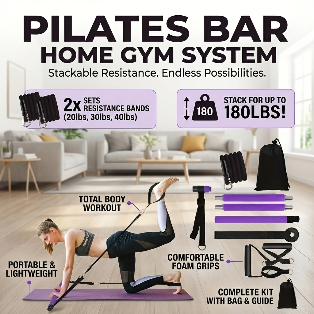Pilates Bar Kit, Including a Pilates Bar And Resistance Bands (Totaling 180 Lbs). A Comprehensive Workout Package Featuring a Door Anchor for Full-Body Toning And Strength Exercises. Convenient And Adaptable, This Is a 14-In-