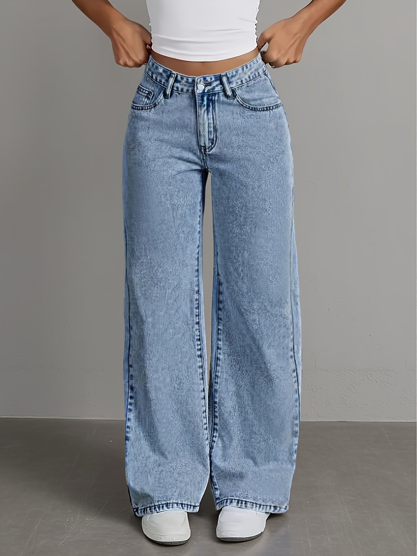 Women'S Plus-Size High-Waist Stretch Straight-Leg Jeans - Opaque Stretch Denim Fabric, Relaxed H-Line Fit with Built-In Zipper Closure, 7/8 Length Ankle, Purple & Light Blue Color Options - All-Season Casual & Formal Wear