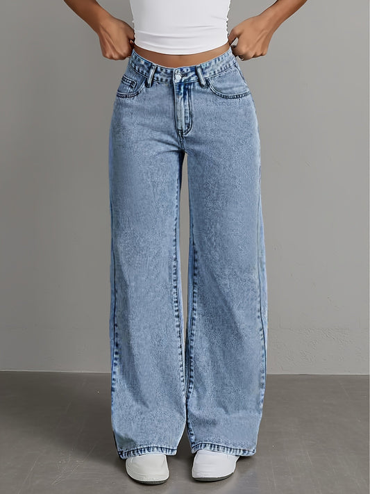 Women'S Plus-Size High-Waist Stretch Straight-Leg Jeans - Opaque Stretch Denim Fabric, Relaxed H-Line Fit with Built-In Zipper Closure, 7/8 Length Ankle, Purple & Light Blue Color Options - All-Season Casual & Formal Wear