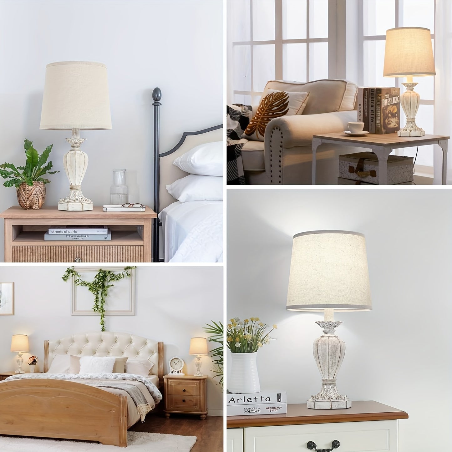Pair of 19-Inch Farmhouse Table Lamps, Rustic Nightstand Lamps for The Bedroom, White Traditional Bedside Desk Lamps Featuring Vintage Beige Fabric Shades Suitable for The Living Room