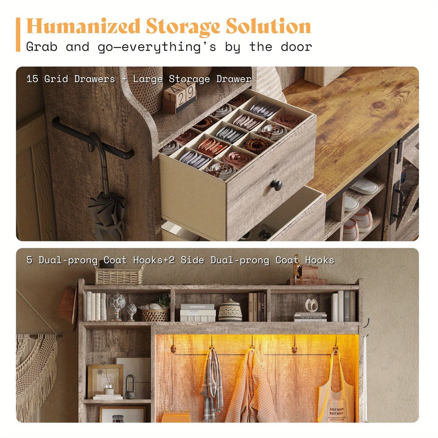 7-in-1 Farmhouse Hall Tree with Bench and Shoe Cabinet, LED Entryway Organizer with Drawers, 12 Shoe Cubbies& Barn Doors, 7 Coat Racks with Shoe Storage
