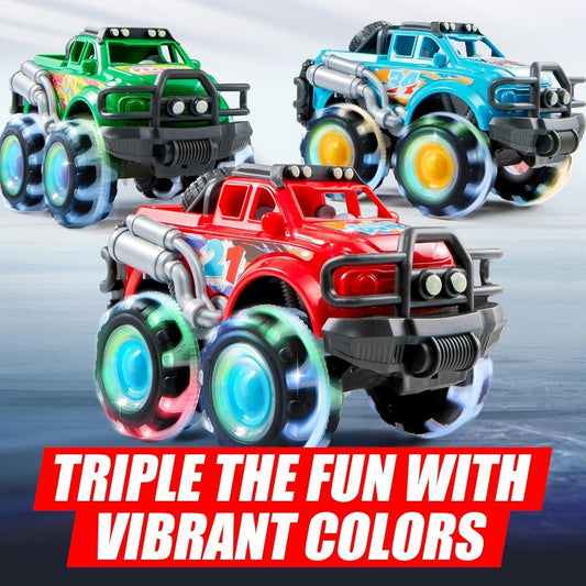 3 Pack Monster Truck Toy for Kids, Monster Toy Truck with Flashing LED Wheels -Friction-Powered- Light-Up Cars for Toddlers -Christmas Birthday Gifts for Boys And Girls