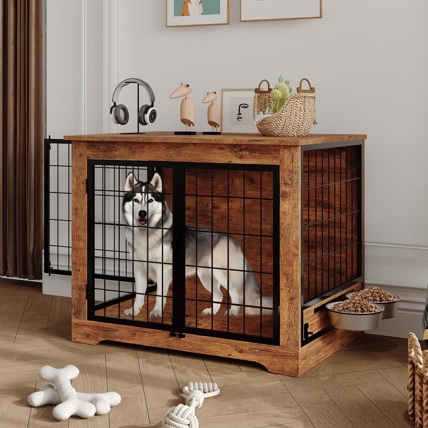 38-Inch Indoor Wooden Dog Crate Furniture | Double Doors for Easy Access, 360° Adjustable Raised Bowls, and Storage Platform, Ideal for Medium to Large Dogs, Brand: GAOMON