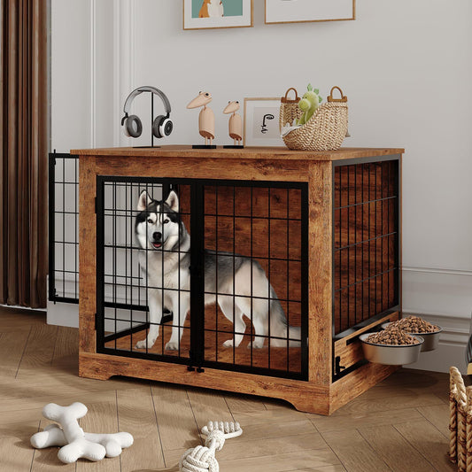 38-Inch Indoor Wooden Dog Crate Furniture | Double Doors for Easy Access, 360° Adjustable Raised Bowls, and Storage Platform, Ideal for Medium to Large Dogs, Brand: GAOMON