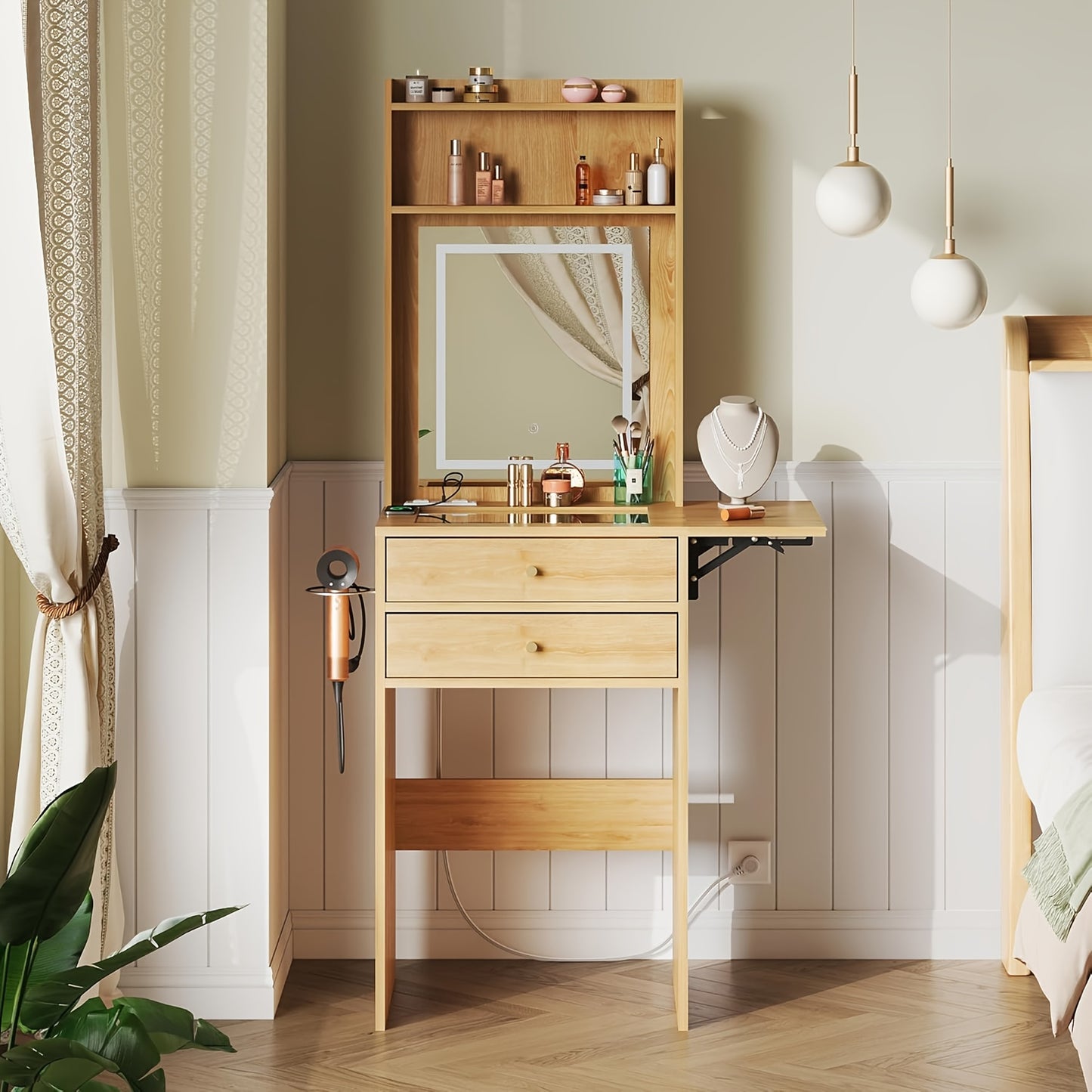 Space-Saving Vanity Desk with Illuminated Mirror, Folding Top, 2 Drawers, Charging Station And Matching Chair for Bedroom Or Apartment