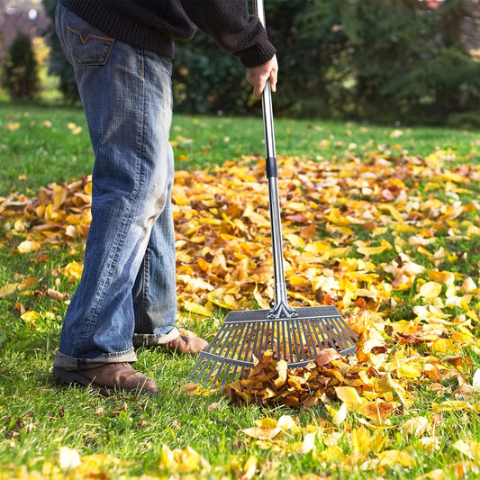 25 Tines Garden Leaf Rake | 18.5" Wide, 62" Adjustable Long Handle, Stainless Steel for Lawns, Yard, Grass, Flower Beds, All Season