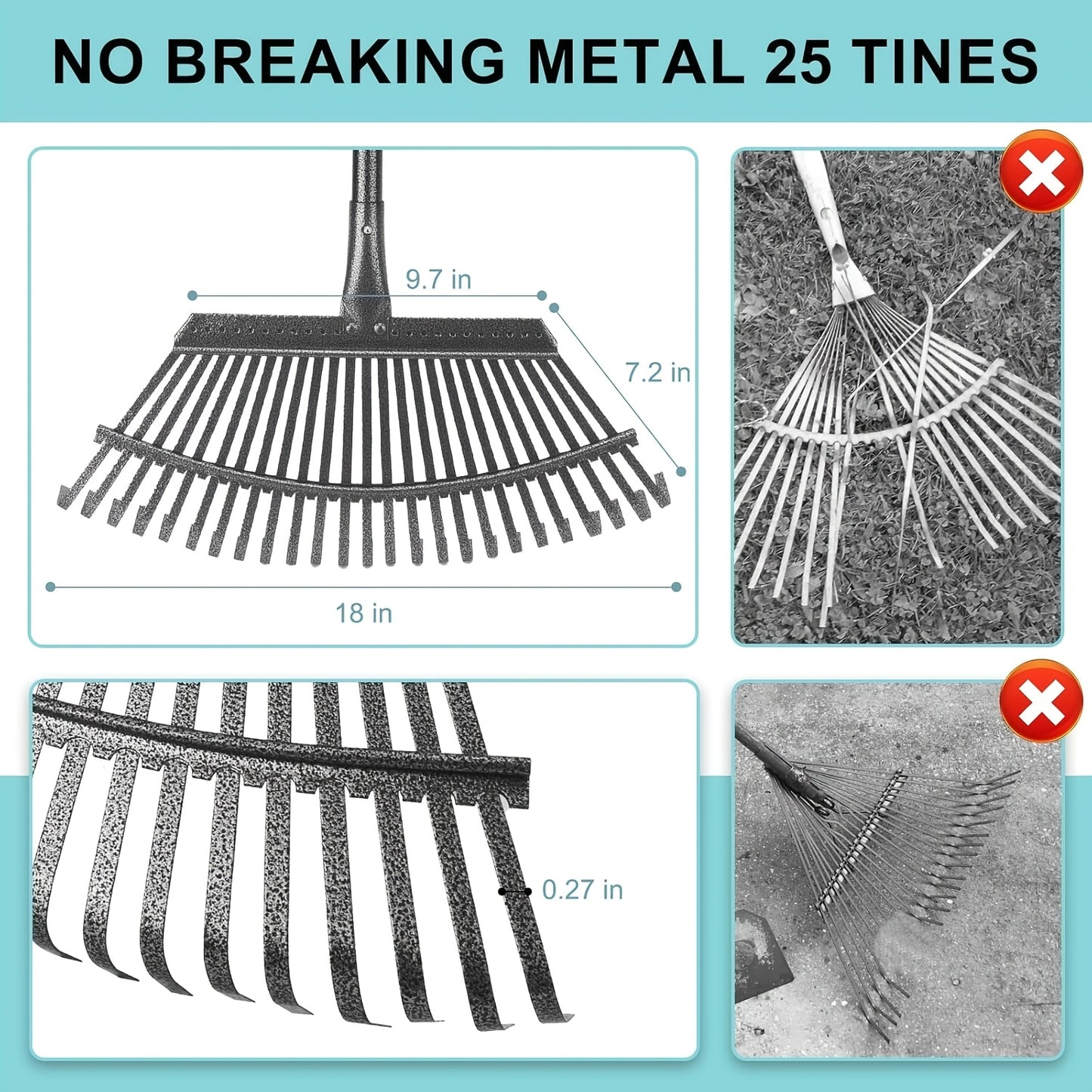 Heavy-Duty Metal Garden Leaf Rake with 18.5” Wide, 25 Tines & 6ft Adjustable Handle - Wide-Spread Leaf Collector for Lawn, Yard, Driveway, Garden - Durable Leaf Raking for Use & Large Outdoor Areas