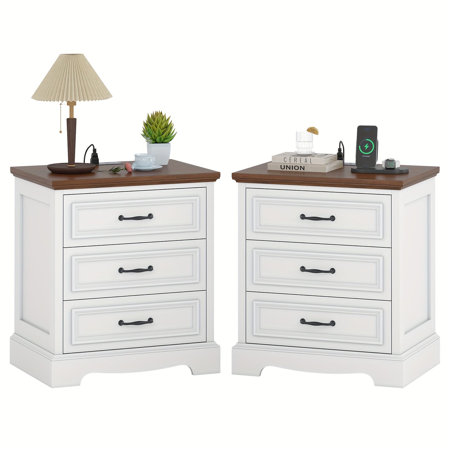 Farmhouse Nightstand Set Of 2, Wood Night Stand With 3 Drawers And Charging Station