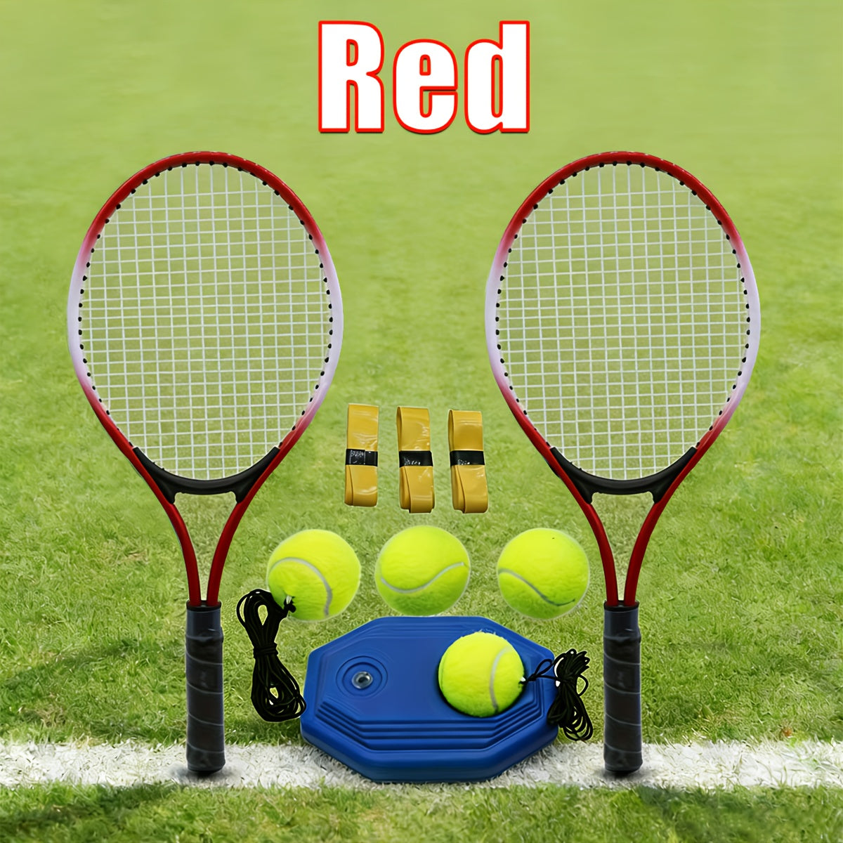 Double-person Junior Tennis Racket Set, Multi-functional Sports Racket, Includes 1 Tennis Training Device, 4 Tennis Balls, 2 Ropes, 3 Replacement Grips, 1 Net Bag. Suitable for Ladies, Gentlemen And Beginners. The Best Gift f